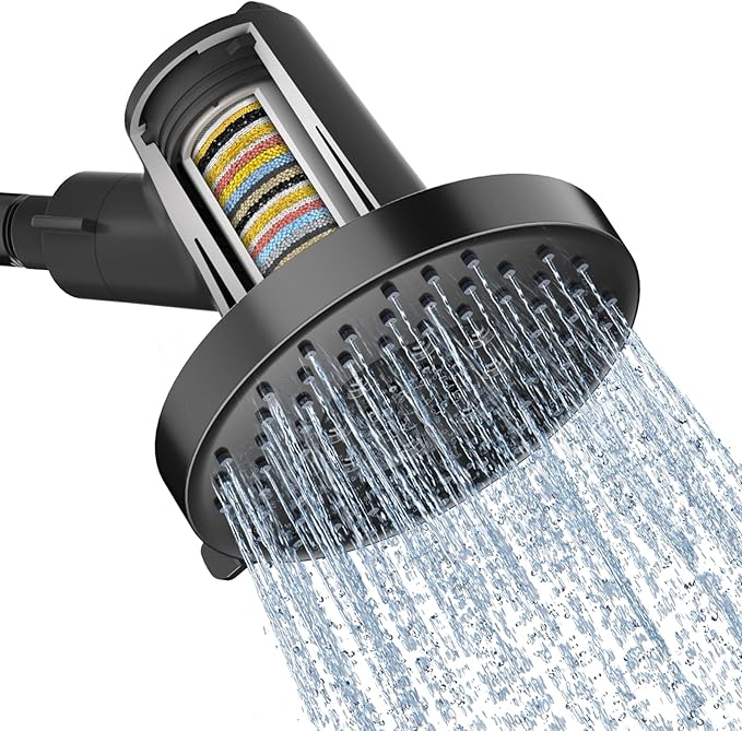 SR SUN RISE Filtered Shower Head with Filters- High Pressure Rain Shower Head,with 20-Stage shower Filter,6 Spray Modes for Hard Water Softener, Remove Chlorine & Heavy Metals (Black,5.5 Inch Round)
