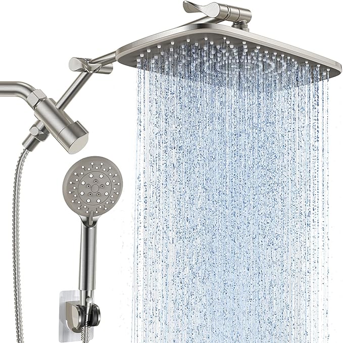 Veken 11.8'' Rain Brushed Nickel Shower Head with Handheld Spray Combo, Extension Arm for Rainfall Showerhead, Muti-modes Massage High Pressure Hand Held Shower Heads with Hose, Anti-Clog Nozzles