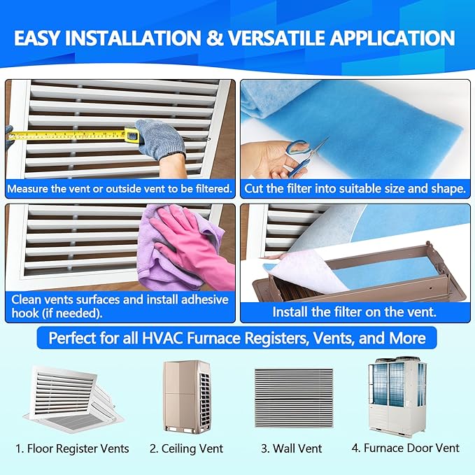 2 Rolls 12" x120" Air Vent Filters, Cut to Fit Air Filter (100+ Filters), MERV 8 Triple Vent Filter for Home Floor, Ceiling, RV, HVAC Furnace Vents, With Adhesive Hook Tape and Installation Tape