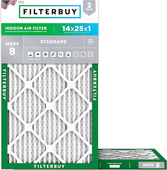 Filterbuy 14x25x1 Air Filter MERV 8 (MPR 700) Dust Defense Replacement (2-Pack), Electrostatic Pleated HVAC AC Furnace Filters, Made in USA (Actual Size: 13.50 x 24.50 x 0.75)