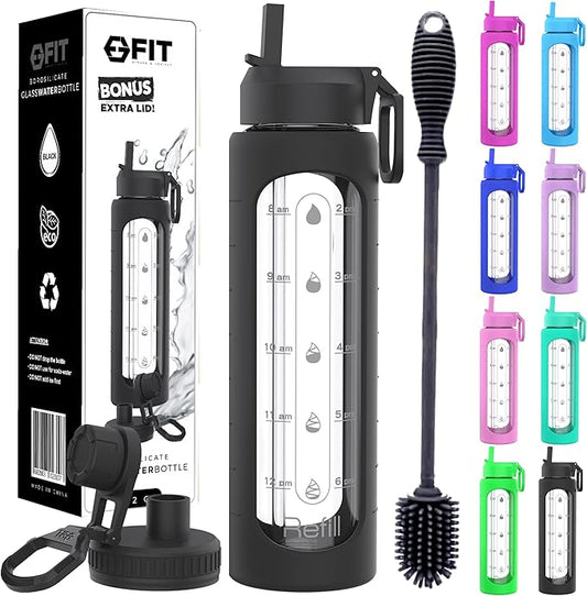 FIT Strong & Healthy 32 oz Glass Water Bottle with Straw Lid, Time Marker, Sleeve & Extra Lid - Motivational, Wide Mouth 1 Liter Glass Drinking Bottle