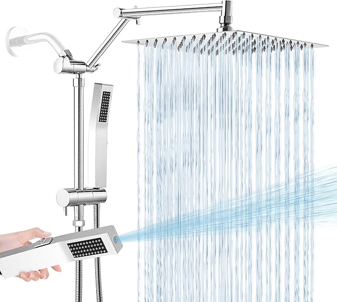 All Metal 10 Inch Rain Shower Head with Handheld Spray Combo, High Pressure Waterfall Rainfall Square Shower Heads with 16" Adjustable Extension Arm, Dual Showerhead with 3-Way Diverter, Chrome