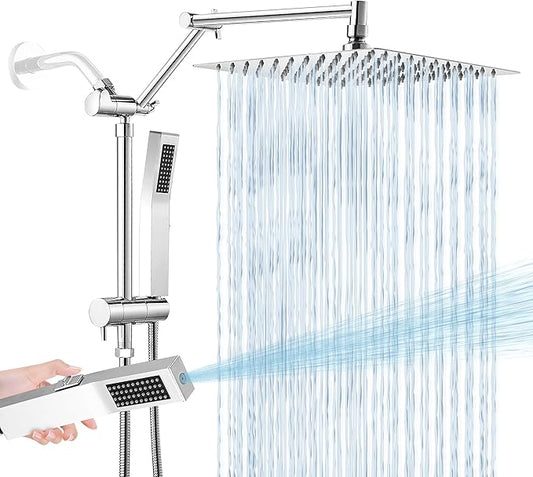 All Metal 10 Inch Rain Shower Head with Handheld Spray Combo, High Pressure Waterfall Rainfall Square Shower Heads with 16" Adjustable Extension Arm, Dual Showerhead with 3-Way Diverter, Chrome