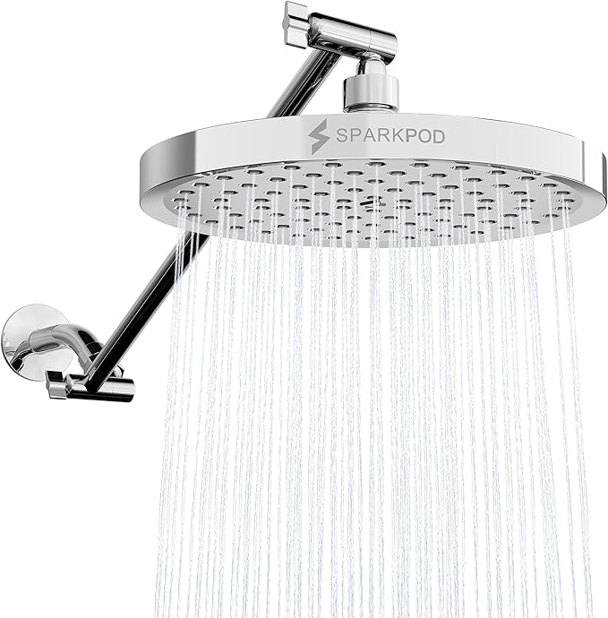 SparkPod Round Rain Shower Head with Extension Arm - Height Adjustable Shower Head with High Pressure Performance - Easy 1-Minute Installation (16" Arm Extension, Luxury Polished Chrome)