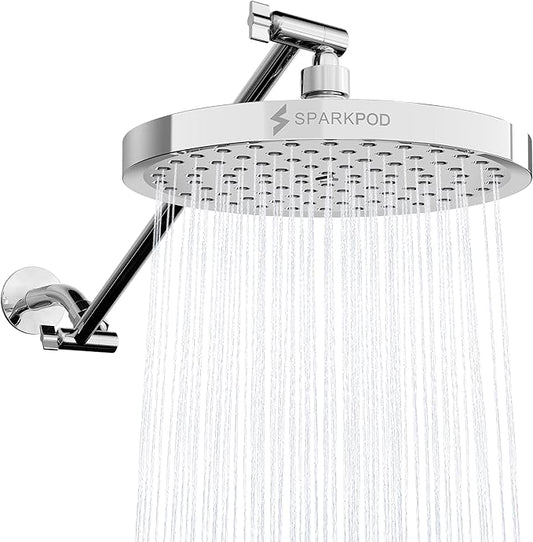 SparkPod Round Rain Shower Head with Extension Arm - Height Adjustable Shower Head with High Pressure Performance - Easy 1-Minute Installation (16" Arm Extension, Luxury Polished Chrome)