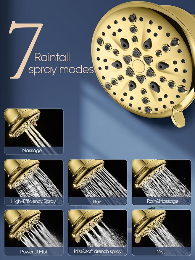 Cobbe Filtered Shower Head, 7 Modes High Pressure Shower Heads - 16 Stage Shower Head Filter for Hard Water for Remove Chlorine and Harmful Substances (Egyptian Gold, 5 Inch Round)