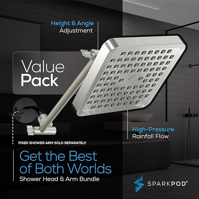 SparkPod Square Rain Shower Head with Extension Arm - Height Adjustable Shower Head with High Pressure Performance - Easy 1-Minute Installation (11" Arm Extension, Elegant Brushed Nickel)
