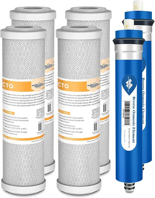 Membrane Solutions FX12P FX12M Replacement Water Filters Compatible with GE GXRM10RBL GXRM10G, 50 GPD RO Membrane and 10 inch x 2.5 inch Carbon Water Filter Cartridge Combo Pack