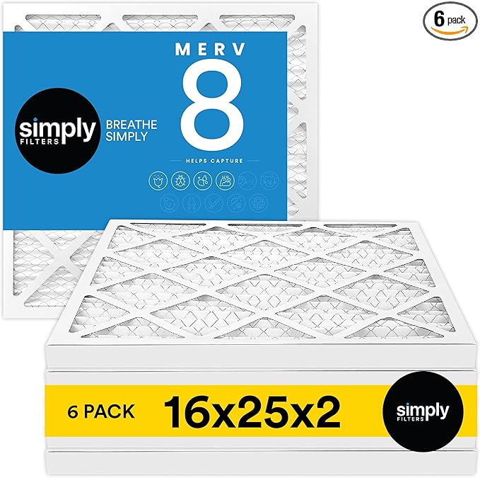 Simply 16x25x2 Air Filter, MERV 8, MPR 600, 6 Pack, Furnace Air Filter for HVAC (Actual Size:15.5"x24.5"x1.75") DUST, Pet, & Allergy Control