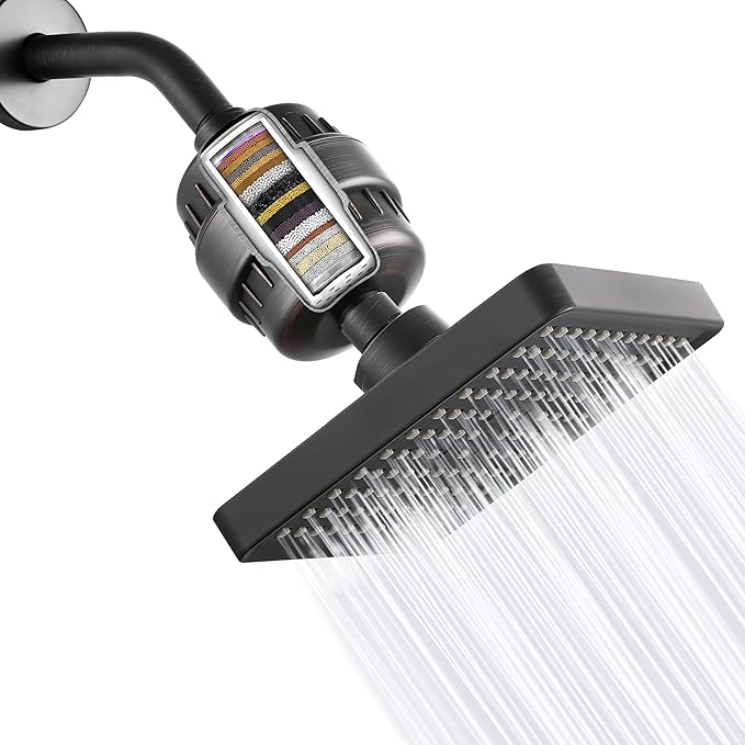 High Pressure Filtered Shower Head Set, 6’’ Rain Shower Filter for Hard Water, Universal Square Showerhead 20 Stage Filtration Removes Impurities for Rejuvenated Skin by Eolax, Oil-Rubbed Bronze