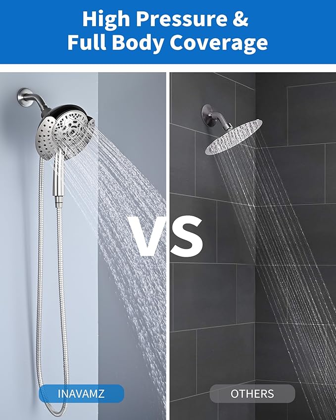Shower Heads with Handheld Spray Combo: 7.2" Rainfall Shower Head & Handheld Shower Head 2-IN-1 Shower Head with 60" Rotatable Stainless Steel Hose Nickel, Shower Trim Systems