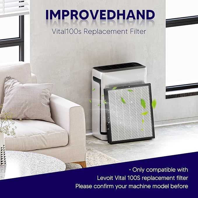 Improvedhand Vital 100S HEPA Replacement Filter Compatible With LEVOIT Vital 100S/100S-P Air Purifier, High-Efficiency 3-IN-1 True HEPA and Activated Carbon Filters, Pack of 2，White