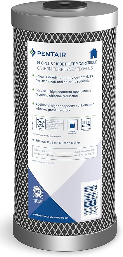 Pentair Pentek FloPlus-10BB Big Blue Carbon Water Filter, 10-Inch, Whole House Modified Molded Carbon Block Replacement Cartridge, 10" x 4.5", 0.5 Micron