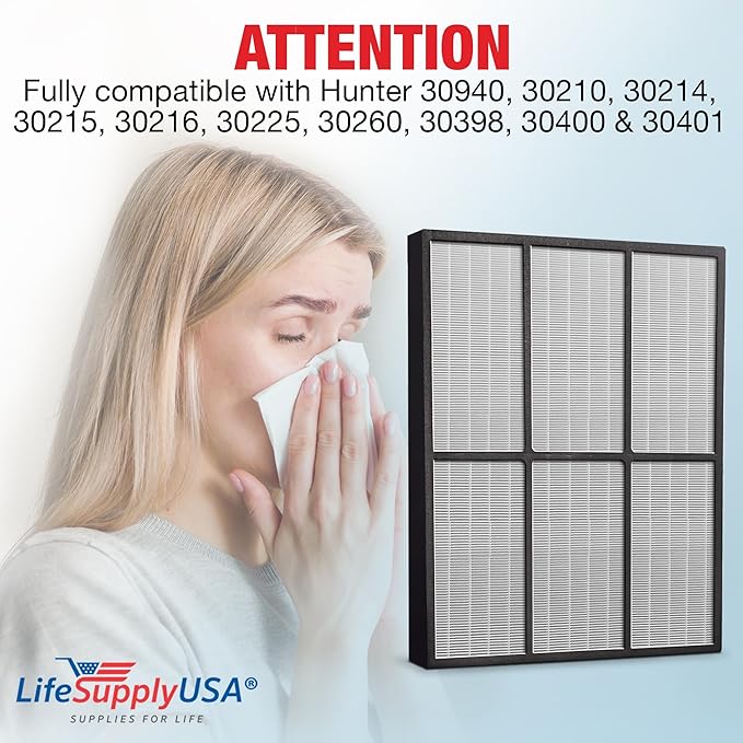 LifeSupplyUSA True HEPA Filter Replacement Compatible with Hunter 30940 30210 30214 30215 30216 30225 30260 30398 30400 30401 Air Purifier