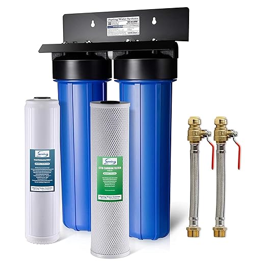 iSpring WGB22B-PB+AHPF12MNPT16X2 2-Stage Whole House Water Filtration System with 20” x 4.5” Carbon Block and Lead Reducing Filters and 3/4" Push-fit Stainless Steel Hose Connectors, Blue