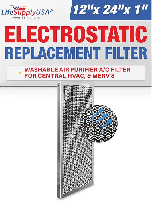 12x24x1 Electrostatic Air Filter, MERV 8, Washable, Reusable Furnace AC/HVAC Filter, Energy Saving, Easy to Clean, Long-Lasting by LifeSupplyUSA