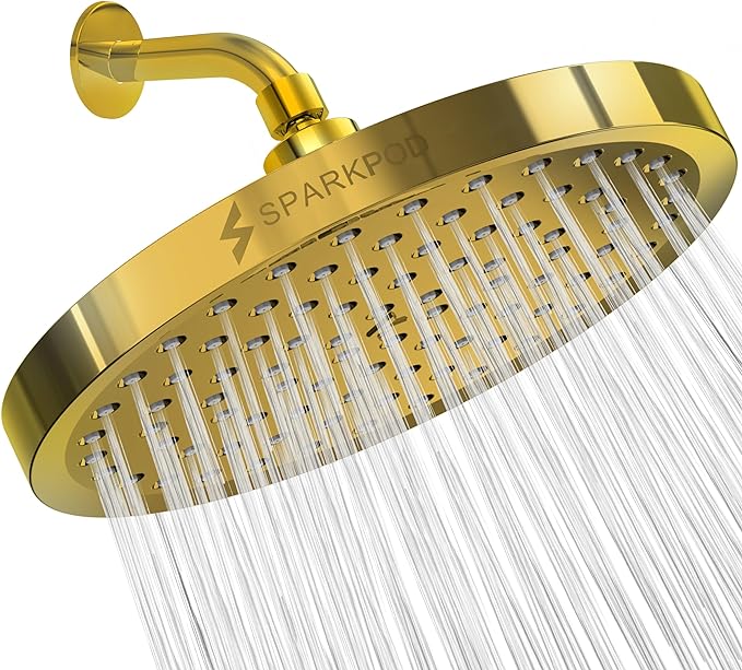 SparkPod Shower Head - High Pressure Rain - Premium Quality Luxury Design - 1-Min Install - Easy Clean Adjustable Replacement for Your Bathroom Shower Heads (Egyptian Gold, 8 Inch Round)