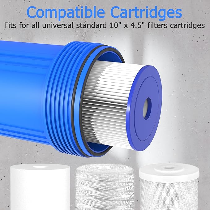WHB10 Whole House Water Filter Housing, Fit 10"x4.5" Sediment etc Filters for Well and City Water, Big Filter Blue Pre-Filtration System for Home, 1" NPT Port, Pressure Release