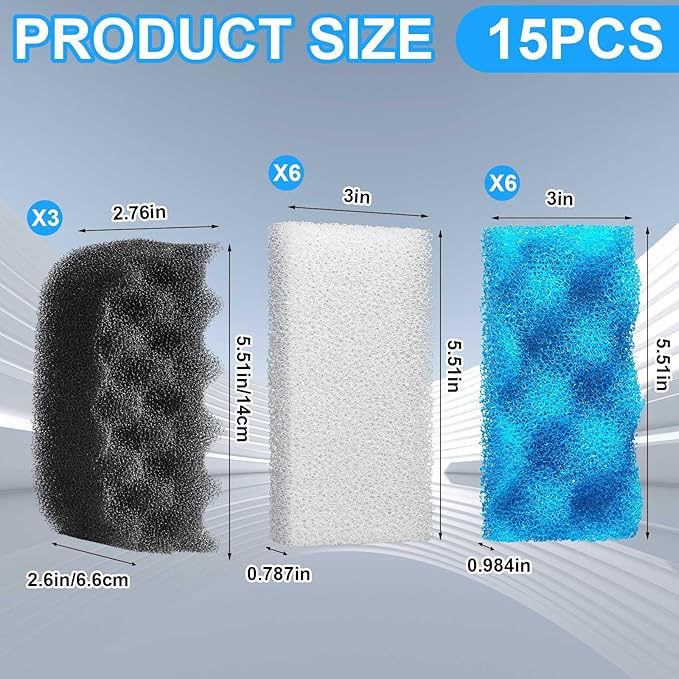 15 Pcs Filters Media Set Compatible with Fluval 106/107 Foam Aquarium Filters, Including Blue White Black Foam for Replacement Filter Media Kit