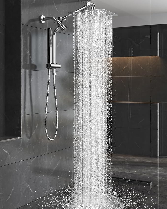 Veken Shower Head, 10'' All Metal Rain Shower Heads with Handheld Spray Combo, Hand Held Bathroom Combo with Extension Arm, Dual shower with Power Wash, Adjustable Rainfall Showerhead, Chrome