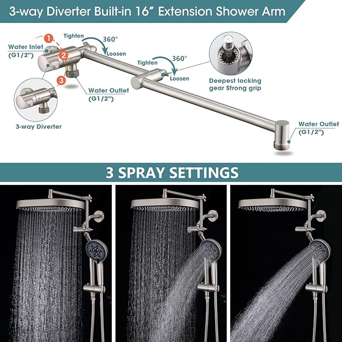 14" x 8" Rectangle High Pressure Rainfall Shower Head with Handheld Combo, 6 Setting Handheld Shower Head, Adjustable Height Shower Extension Arm and Slide Bar for Easy Reach - Brushed Nickel