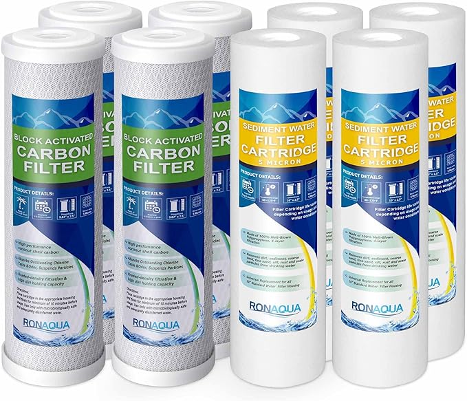 4 Standard Coconut Shell Block Carbon & 4 Four Layers of Filtration Polypropylene Sediment 5 Micron 2.5"x 10" Water Filter Cartridges Universal replacement for Reverse Osmosis & Standard 10” Housing