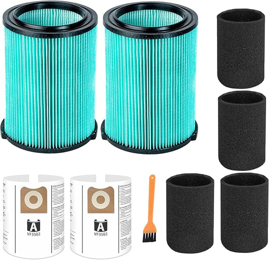 2 Pack VF6000 5-Layer Filter Replacement for Ridgid Wet Dry 5-20 Gallon Wet Dry Vacuums WD5500 WD0671 WD6425 WD7000 WD1280 WD1851 RV2400A RV2600B, 2 Pack VF3502 Shop Vac Bags, 4 Pack Foam Sleeve