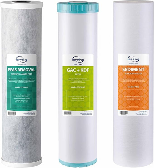 iSpring F3WGB32BPFKS Replacement Filter Set for WGB32B-PFKS Whole House Water Filter System, SGS-Tested to Reduce Up to 99% PFAS, 3-Stage Filtration Removes Heavy Metals, Chlorine, 20” x 4.5” Filters