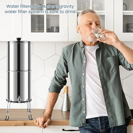 304 Stainless Steel Water Filter with Stand, Gravity Fed Water Filtration System, 2.25 Gallon Capacity with 2 Black Carbon Cartridges, Countertop Purifier for Home, Camping, Emergency Use