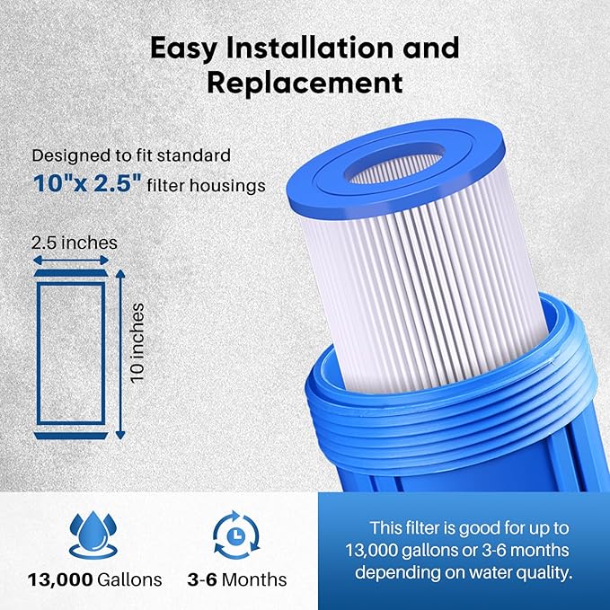 PUREPLUS 50 Micron 10"x2.5" Whole House Pleated Sediment Filter for Well Water, Replacement Cartridge for Universal 10 inch RO System, W50PE, WFPFC3002, SPC-25-1050, FM-50-975, 801-50, WB-50W, 4Pack