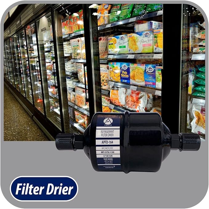 Appli Parts APFD-164 1/2 in Liquid Line Refrigerant AC Filter Drier hvac Refrigeration 164 SAE Flare connection universal unidirectional 7in long 3in wide