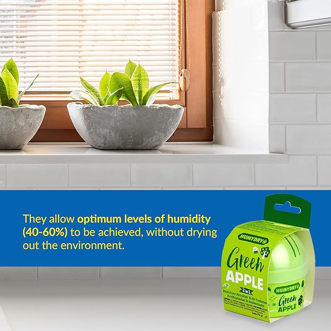 HUMYDRY® - Pack of 12 Mini Units - Dehumidifier and Air Freshener - 2.6 oz - Moisture Absorbers - Prevents bad odors - Green Apple Scent - For small spaces