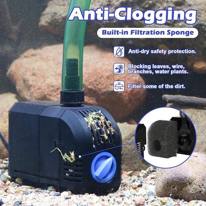 Submersible Water Pump 520GPH Aquarium Pump w/Sponge filter, 6.6ft. High Lift for Fish Tank Pond Hydroponic Water Fountain Sump Water Features Irrigation Powerful, Dry Burning Protection