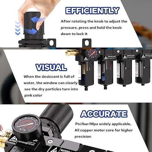 1/2 Inch NPT 4 Stage Air Drying System,Brass Filter&Coalescing Filter,Double Desiccant Dryers & Air Regulator,Metal Bowl, Semi-Auto Drain,Industrial Grade(Black)