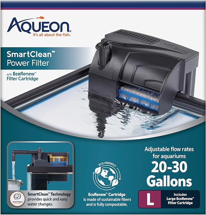 Aqueon SmartClean Power Filter with EcoRenew Filter Cartridge, Quick and Easy Water Changes, Quiet Operation, Adjustable Flow, for 20-30 Gallon Freshwater and Saltwater Aquariums, Large