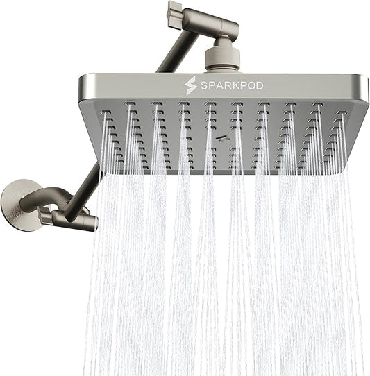 SparkPod Square Rain Shower Head with Shower Head Extension Arm - High Pressure Rain - Luxury Modern Look - No Hassle Tool-less 1-Min Installation (11" Shower Arm Extension, Elegant Brushed Nickel)