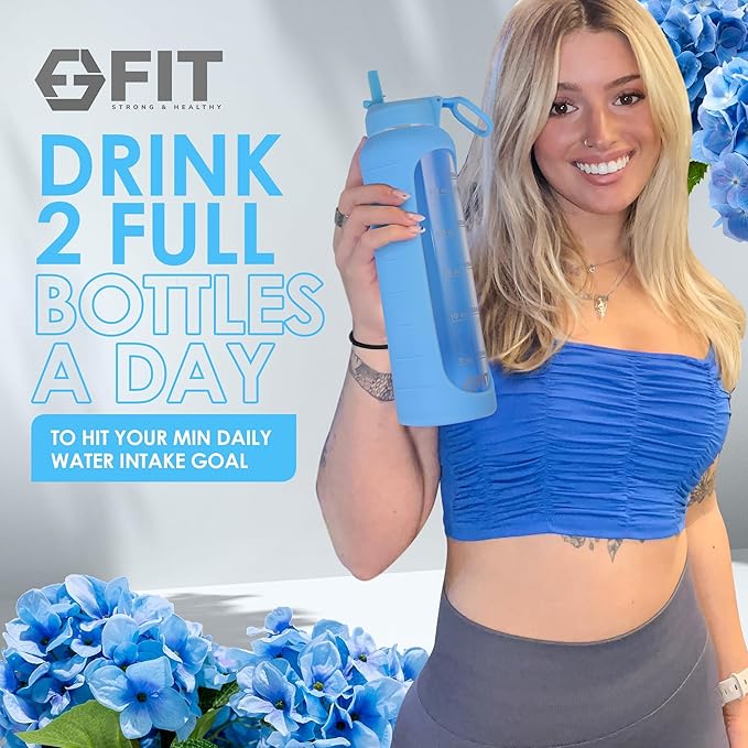 FIT Strong & Healthy 32 oz Glass Water Bottle with Straw Lid, Time Marker, Sleeve & Extra Lid - Motivational, Wide Mouth 1 Liter Glass Drinking Bottle