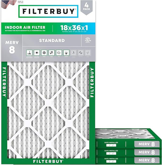 Filterbuy 18x36x1 Air Filter MERV 8 (MPR 700) Dust Defense Replacement (4-Pack), Electrostatic Pleated HVAC AC Furnace Filters, Made in USA (Actual Size: 17.50 x 35.50 x 0.75)