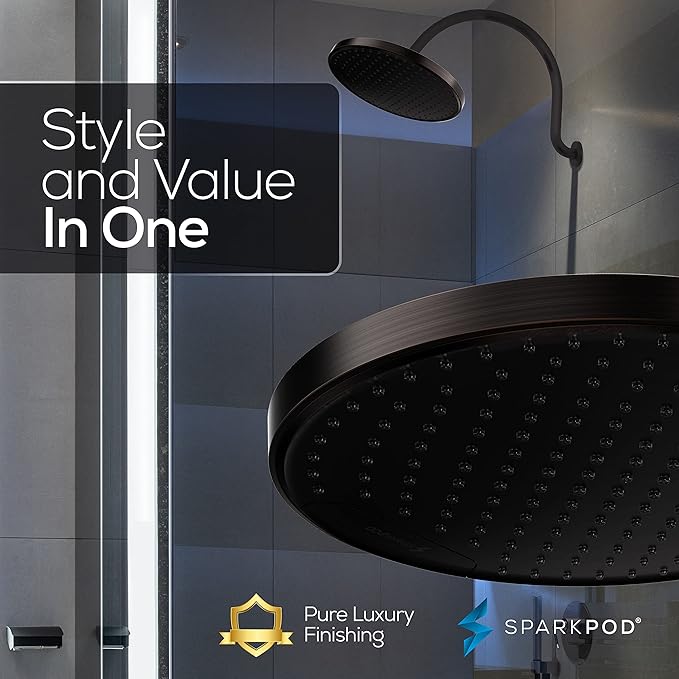 SparkPod 10 Inch Round Rain Shower Head - Ceiling or Wall Mount Rainfall Shower Head - Large Coverage Showerhead - Brass Ball Joint with 360° Adjustment - 1-Min Install (Vintage Oil Rubbed Bronze)