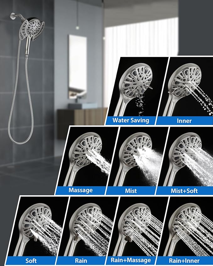 2-in-1 Shower Head with Handheld Combo: Rainfall Shower Head & Detachable Shower Head Use Together or Alone, 9 Spray Settings Showerhead with Hose Nickel, Shower Trim Systems