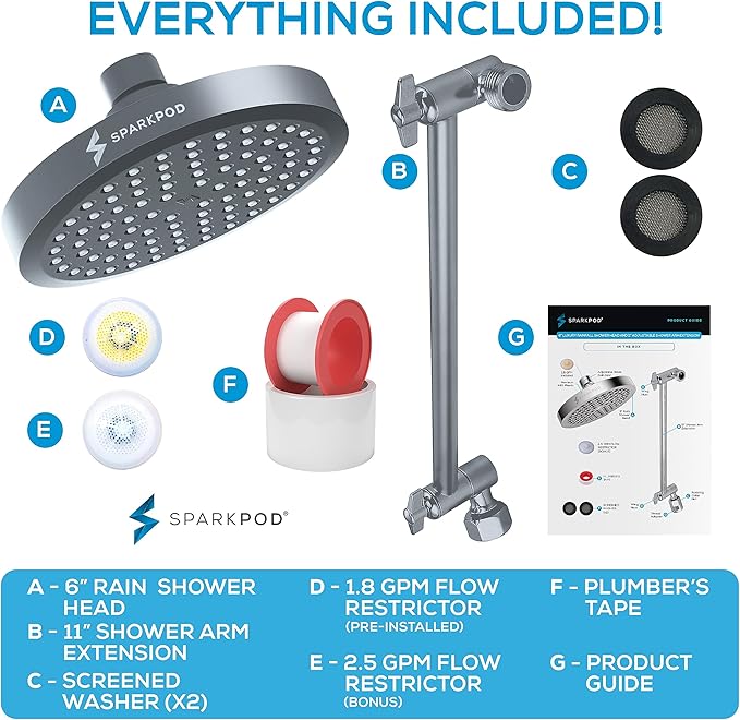 SparkPod Round Rain Shower Head with Extension Arm - Height Adjustable Shower Head with High Pressure Performance - Easy 1-Minute Installation (11" Arm Extension, Titanium Charcoal Grey)