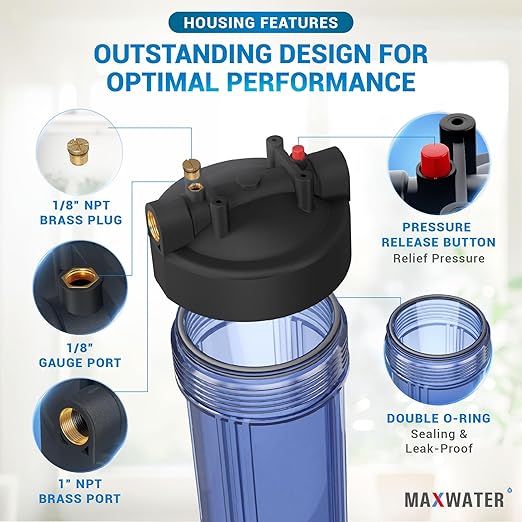 Max Water Whole House 20" x4.5" Purple Clear WH Water Filter Housing 1 inch Inlet/Outlet Ports with Wrench and Bracket (2 Housing)