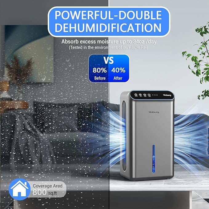 Dehumidifiers for Home (85 OZ Water Tank, 800 sq.ft) Quiet Small Dehumidifier for Basement Bedroom Bathroom with Drain Hose, 3 Gear Timer, Sleep Mode, Auto Shut Off, 7 Color Ambient Light