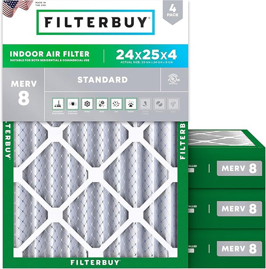 Filterbuy 24x25x4 Air Filter MERV 8 (MPR 700) Dust Defense Replacement (4-Pack), Electrostatic Pleated HVAC AC Furnace Filters, Made in USA (Actual Size: 23.75 x 24.75 x 3.63)