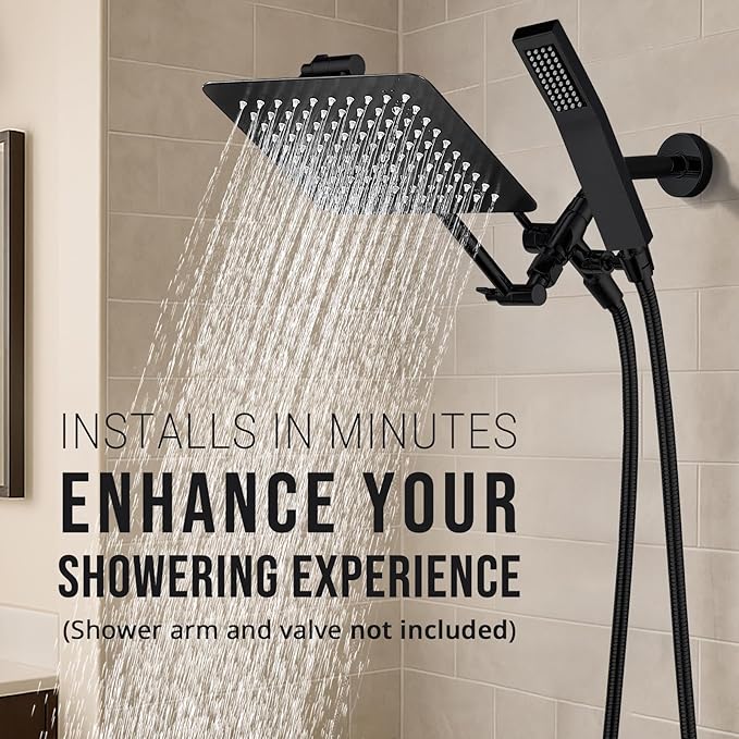 G-Promise All Metal 10" Dual Square Shower Head Combo | Rain Shower Head | Handheld Shower Wand | Adjustable | 3-Way Diverter | 71" Extra Long Hose - A Bathroom Upgrade (Matte Black)