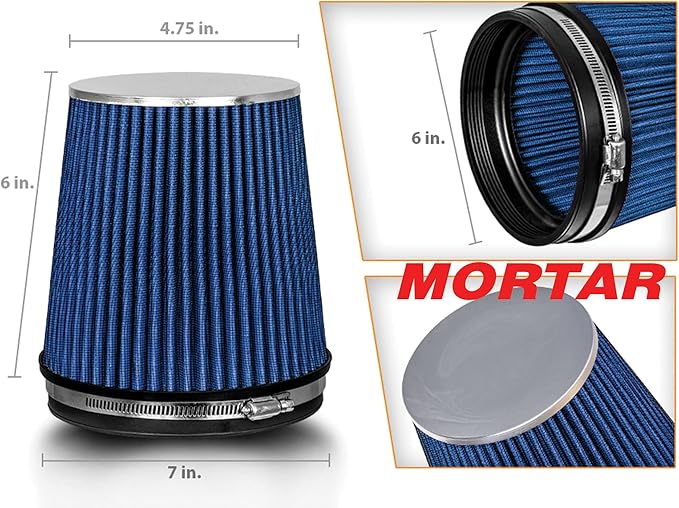 Mortar Aftermarket Auto Air Filter – 6 In Flange ID Car Enthusiast Class Universal Cold Air Intake Gulps in More Air for More Engine Power & Passionate Induction Sound, Length 6 In, Blue