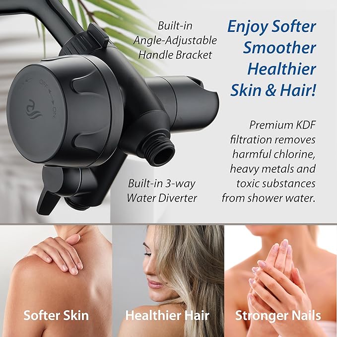 Skin & Hair - World's Most Advanced Shower Filter for Combos with ON/OFF Filtration Modes, Instant Cartridge Reload, Built-in Water Diverter, Stay-Clean Enriched KDF Cartridge/Matte Black