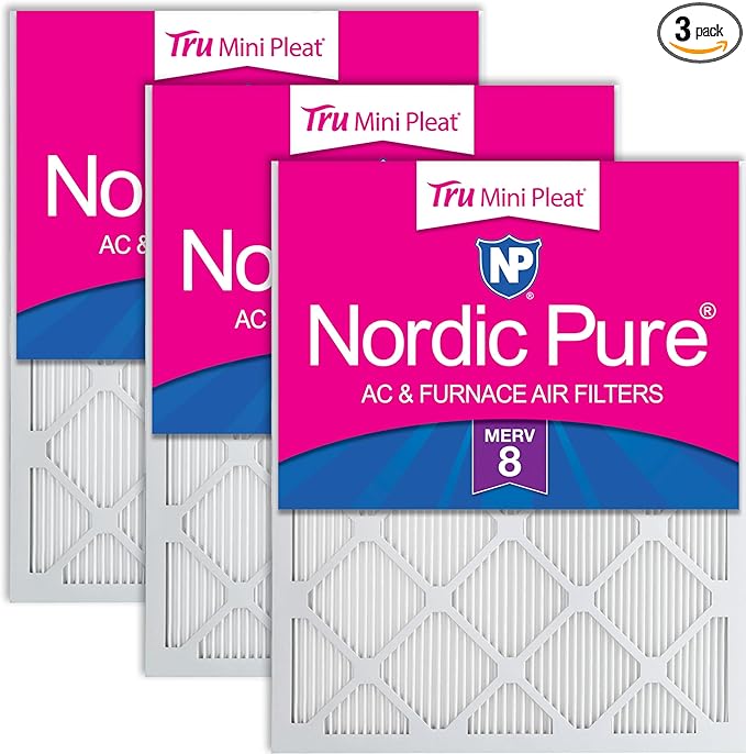 Nordic Pure 12x12x1 (Actual Size: 11 3/4 x 11 3/4 x 3/4) Tru Mini Pleat MERV 8 AC Furnace Air Filters - 2.5X More Media for Longer-Lasting, High-Efficiency Filtration - 3 Pack