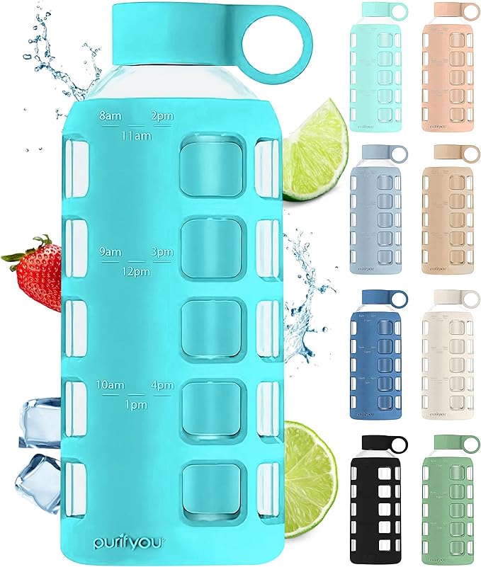 purifyou 40oz / 32oz / 22oz / 12oz Borosilicate Glass Water Bottle with Time & Volume Markers, Silicone Sleeve, Stainless Steel Lid | Reusable Glass Bottle for Water & Juice (22oz Aqua Blue)