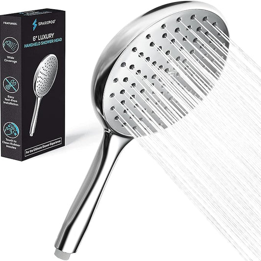 SparkPod High Pressure Handheld Shower Head - Huge 6-Inch Face - Luxury Rain Shower Design - Tool-Free 1-Min Installation - Handheld Only, No Bracket or Hose (Luxury Polished Chrome)